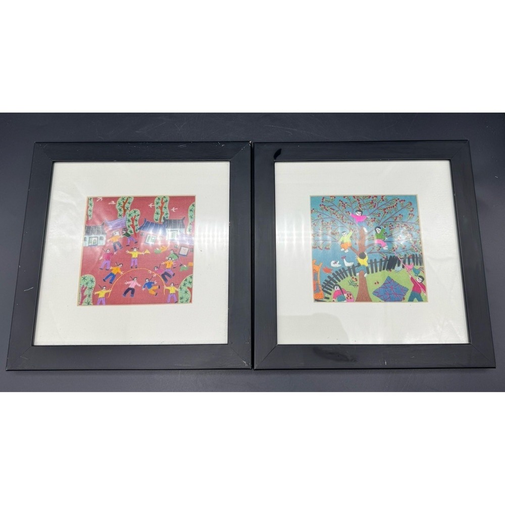 Set of 2 Handmade Silk Embroidery Folk Art Scenes Framed – Chinese Suzhou Style